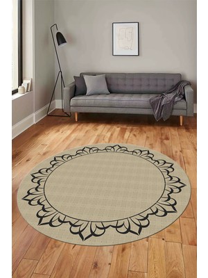 Evdeya Klasik Jüt-Hasır Desen Dijital Kaymaz Yıkanabilir Yuvarlak Mutfak Salon Halısı, Y-Jüt-18-Krem,