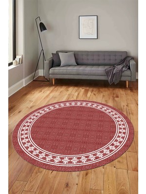 Evdeya Çerçeveli Jüt-Hasır Desen Kaymaz Yıkanabilir Modern Yuvarlak Mutfak Salon Halısı, Y-Jüt-20-Kırmızı,