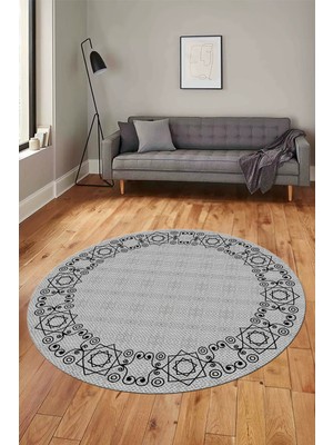 Evdeya Çerçeveli Jüt-Hasır Desen Dijital Kaymaz Yıkanabilir Yuvarlak Mutfak Salon Halısı, Y-Jüt-19-Gri,