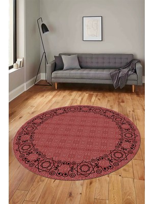 Evdeya Çerçeveli Jüt-Hasır Desen Dijital Kaymaz Yıkanabilir Yuvarlak Mutfak Salon Halısı, Y-Jüt-19-Kırmızı,
