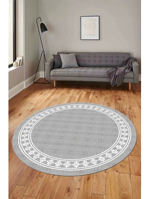 Evdeya Çerçeveli Jüt-Hasır Desen Kaymaz Yıkanabilir Modern Yuvarlak Mutfak Salon Halısı, Y-Jüt-20-Gri,