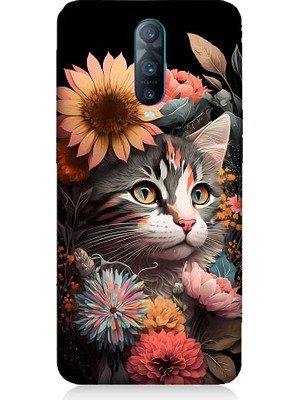 Teknomeg Oppo Rx 17 Pro Uyumlu Çiçekler ve Kül Gri Kedi Desenli Silikon Kılıf