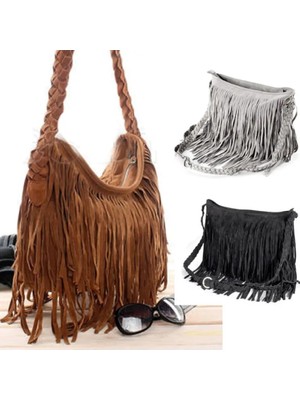 Qiuming Shop Kumral Tarzı Sıcak Kadın Omuz Çantası Katı Püsküller Trend Çapraz Vücut Çanta Püskül Süet Faux Kürk Fringe Messenger Omuz Çanta (Yurt Dışından)