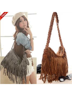 Qiuming Shop Kumral Tarzı Sıcak Kadın Omuz Çantası Katı Püsküller Trend Çapraz Vücut Çanta Püskül Süet Faux Kürk Fringe Messenger Omuz Çanta (Yurt Dışından)