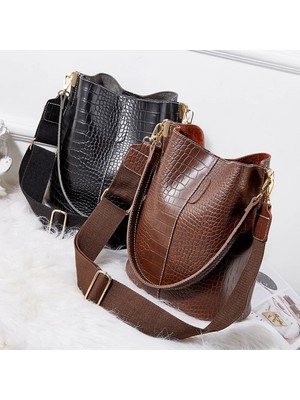 Qiuming Shop Açık Kahverengi Tarzı Deri Crossbody Çanta Kadın Büyük Kapasiteli Patchwork Moda Kova Çanta Timsah Desen Omuz Messenger Çanta (Yurt Dışından)