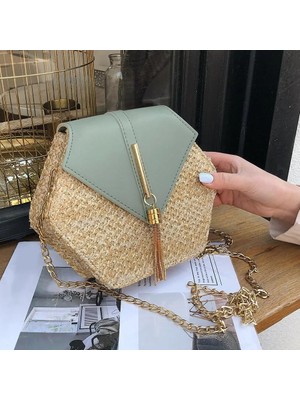 Qiuming Shop Yeşil Stil 19X12X6CM Sıcak Altıgen Yeni Mulit Tarzı Hasır + Pu Zincir Postacı Çantaları Kadın Yaz Rattan El Yapımı Dokuma Plaj Boho Çantaları Bolso Feminina (Yurt Dışından)