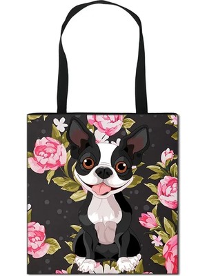 Qiuming Shop STDGOUG63 Stili L 39.5X39.5CM Alman Çoban Boston Terrier Bulldog Husky Köpek Nedensel Tote Çanta Kadın Çanta Bayan Omuz Çantaları Kanvas Alışveriş Çantası (Yurt Dışından)