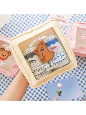 Qiuming Shop Kare Beyaz Stil Örgü Ayı Kozmetik Çantası Kılıfları Sevimli Kızlar Kawaii Makyaj Çantası Kılıfı Moda Kadın Çantası Seyahat Yıkama Organizatör Çantaları (Yurt Dışından)