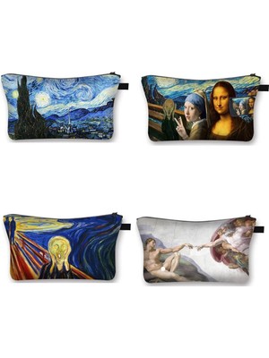 Qiuming Shop SHZBART07 Stili Van Gogh Michelangelo Da Vinci Sanat Kozmetik Çantası Kadın Moda Makyaj Çantası Yıldızlı Gece David Mona Lisa Bayan Kozmetik Çantası (Yurt Dışından)