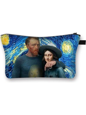 Qiuming Shop SHZBART07 Stili Van Gogh Michelangelo Da Vinci Sanat Kozmetik Çantası Kadın Moda Makyaj Çantası Yıldızlı Gece David Mona Lisa Bayan Kozmetik Çantası (Yurt Dışından)