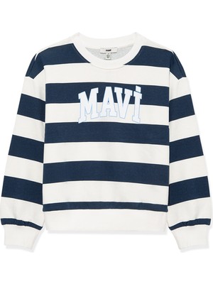 Mavi Logo Baskılı Lacivert Çizgili Sweatshirt