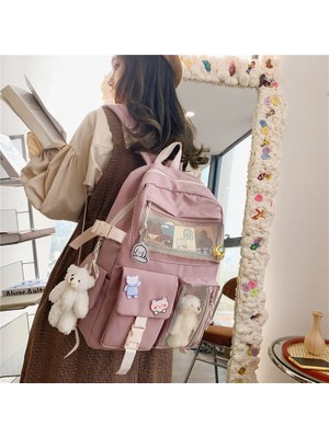 Qiuming Shop Beyaz Stil Kolye ile Julyccıno Yeni Toka Rozeti Kadın Sırt Çantası Şeker Renk Moda Sevimli Schoolbag Omuz Öğrenci Çantası Genç Kız Kolej Sırt Çantası (Yurt Dışından)