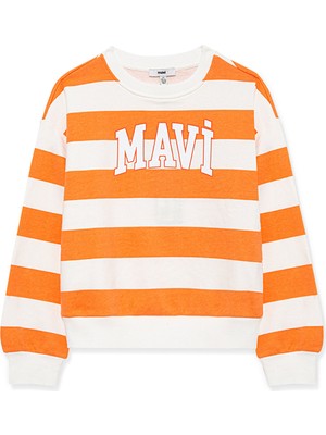 Mavi Logo Baskılı Turuncu Çizgili Sweatshirt