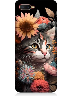 Teknomeg Oppo Rx 17 Neo Uyumlu Çiçekler ve Kül Gri Kedi Desenli Silikon Kılıf