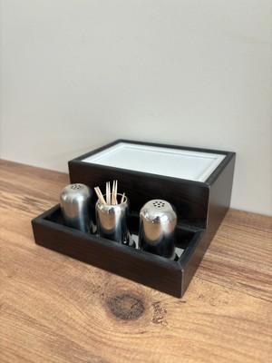 Mimoza Baharatlık Bölmeli Ahşap Masaüstü Yatay Peçetelik Restaurant Dispenser