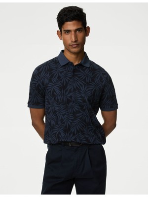 Marks & Spencer Saf Pamuklu Yaprak Desenli Polo Yaka T-Shirt