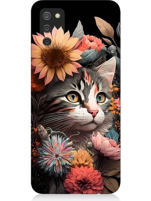 Teknomeg Samsung Galaxy A02S Uyumlu Çiçekler ve Kül Gri Kedi Desenli Silikon Kılıf