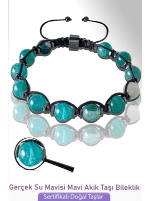 Tesbih Atölyesi Sertifikalı Gerçek Su Mavisi Akik Taşı Bileklik - Ayarlamalı