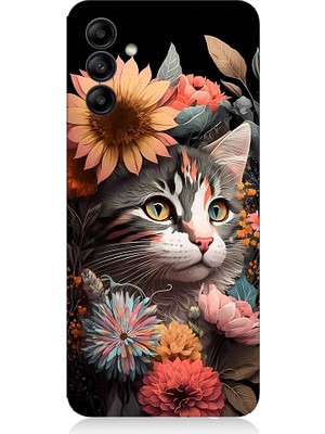 Teknomeg Samsung Galaxy A55 Uyumlu Çiçekler ve Kül Gri Kedi Desenli Silikon Kılıf