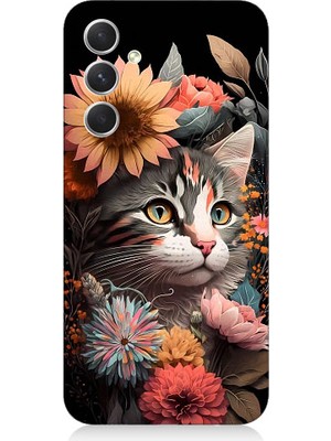 Teknomeg Samsung Galaxy S24 Uyumlu Çiçekler ve Kül Gri Kedi Desenli Silikon Kılıf