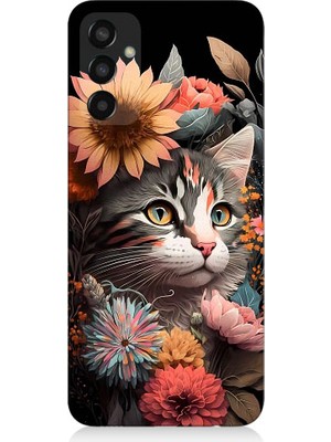 Teknomeg Samsung Galaxy M13 Uyumlu Çiçekler ve Kül Gri Kedi Desenli Silikon Kılıf
