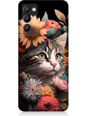 Teknomeg Tecno Camon 18 Uyumlu Çiçekler ve Kül Gri Kedi Desenli Silikon Kılıf