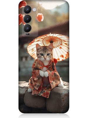 Teknomeg Tecno Camon 18 Uyumlu Geyşa Kıyafetli Kedi Desenli Silikon Kılıf