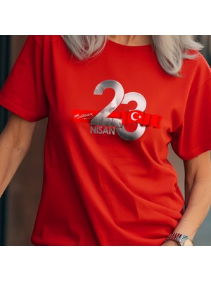 Crea Eymer Wear 23 Nisan Çocuk Bayramı Atatürk Gümüş Varak Baskılı Kırmızı Tişört