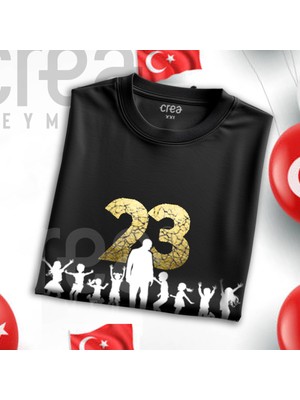 Crea Eymer Wear 23 Nisan Çocuk Bayramı Altın Varak Baskılı Premium Siyah Tişört