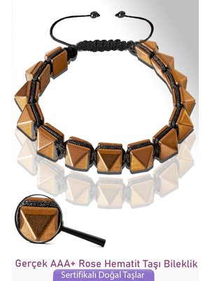 Tesbih Atölyesi Sertifikalı Makrome Gerçek Rose Hematit Taşı Bileklik - Ayarlamalı