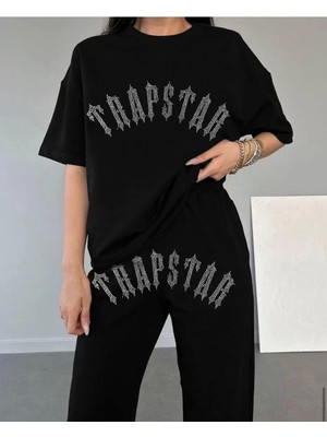 Sneppy Unisex Taşlı T-Shirt Ve Eşofman Takımı - Siyah