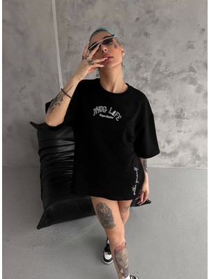 Sneppy Unisex Baskılı Oversize T-Shirt - Siyah