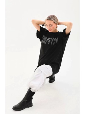 Sneppy Unisex Taş Desenli Oversize T-Shirt - Siyah