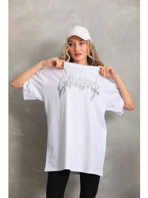 Sneppy Unisex Taş Desenli Oversize T-Shirt - Beyaz