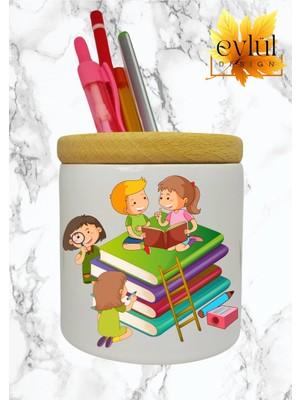 Eylül Design Çocuklar Için Baskılı Seramik Masaüstü Kalemlik Ahşap Detaylı Kalem Kutusu Doğum Günü Hediyesi