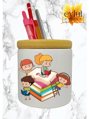 Eylül Design Çocuklar Için Baskılı Seramik Masaüstü Kalemlik Ahşap Detaylı Kalem Kutusu Doğum Günü Hediyesi