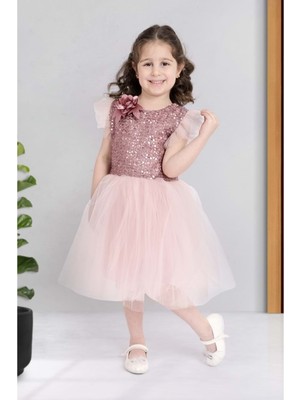 Mnk Baby & Kids Küpeli Pul Payet Tüllü Kız Çocuk Elbise MNK0526