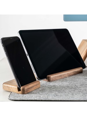 Woodsuppco Tablet ve Telefon Tutucu 2'li Set, Ahşap Tablet Standı, Ahşap Telefon Tutucu - Ceviz