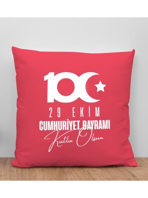 Bk Gift 100. Yıl Hatırası Premium Kumaş Kırmızı Kırlent Yastık-5, 29 Ekim Hediyesi, Cumhuriyet Bayramı, 100.YIL Hediyesi