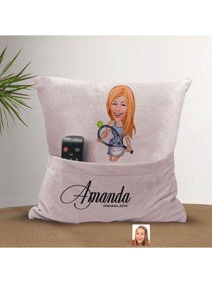 Bk Gift Kişiye Özel Tenis Oyuncusu Karikatür Tasarımlı Organizer Kumanda ve Atıştırmalık Cepli Pembe Kırlent Yastık-1 Arkadaşa Hediye, Cepli Yastık