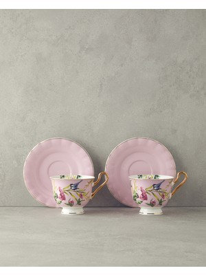 English Home Vanilla New Bone China 4 Parça Desenli Çay Fincanı Takımı Açık Pembe Kulplu