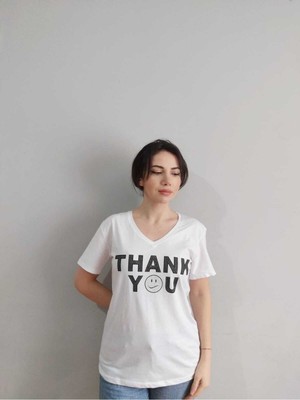 Yerli Kadın Thank You Baskılı T-Shirt Yeni Season Taşlı