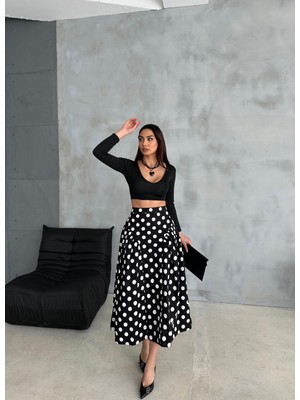 Maldia Shop Puantiye Detaylı Midi Boy Siyah Etek