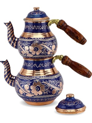 Sonay Bakırcılık Gül Çiçek Mavi Küçük Bakır Çaydanlık 1,4 Lt