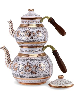 Sonay Bakırcılık Gül Çiçek  Battal Beyaz Renk Topak Bakır Çaydanlık