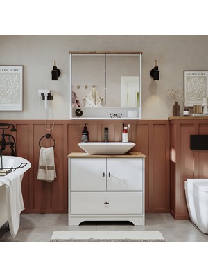 Roomart Lavabolu Mat Beyaz Mdf 80 cm Çekmeceli Banyo Dolabı + Aynalı Üst Dolabı