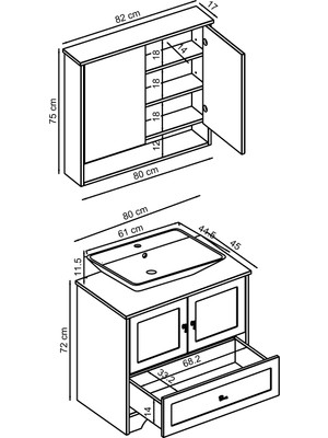 Roomart Lavabolu Mat Beyaz Mdf 80 cm Çekmeceli Banyo Dolabı + Aynalı Üst Dolabı