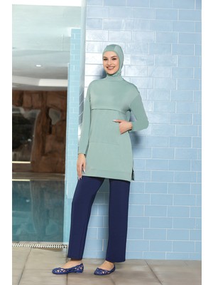 Hazelin Kadın Tesettür Mint Yeşili Cepli Uzun Kollu Tam Kapalı Taytlı Likralı Elbise Mayo HZL24S-AR1254-45