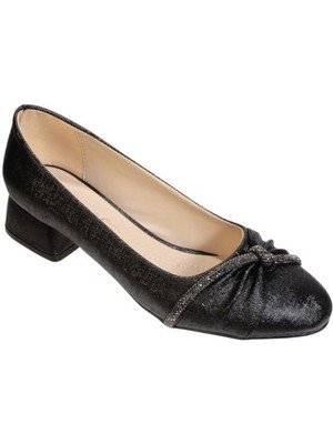 Yaz Kış Ayakkabı Yazkış Kadın Siyah Gümüş Parlak Gümüş Üzeri Taşlı Yuvarlak Burun 3cm Kalın Topuk Ayakkabı