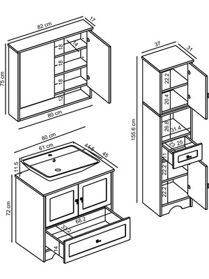 Roomart Lavabolu Mat Beyaz Mdf 80 cm Çekmeceli Banyo Dolabı + Aynalı Üst Dolabı + Boy Dolabı